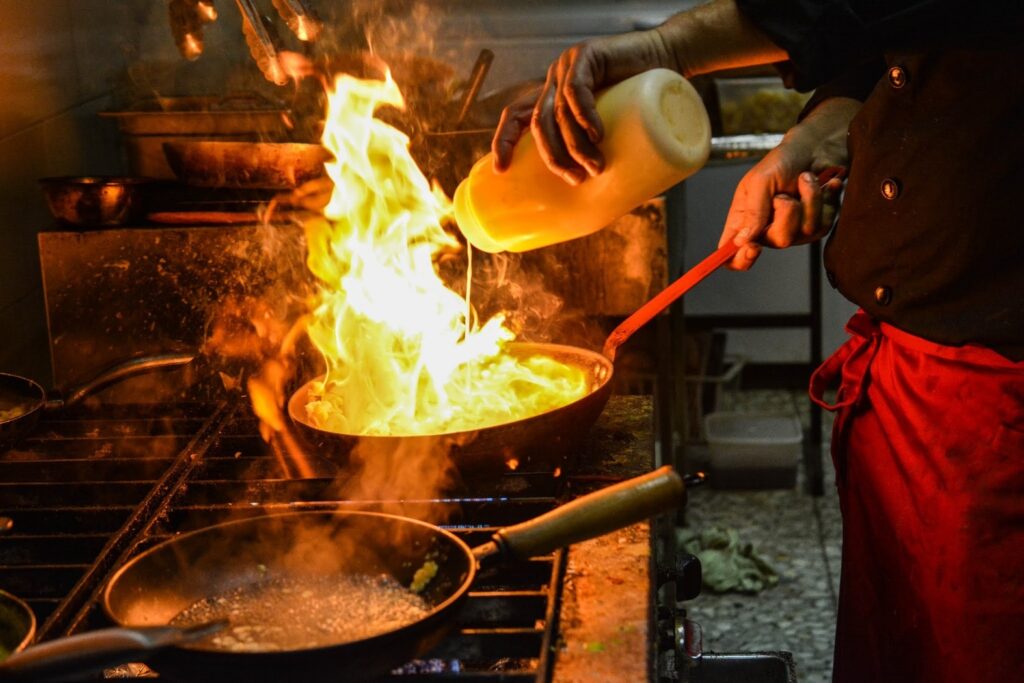 The free high-resolution photo of restaurant, food, cooking, plate, seafood, fire, campfire, cuisine, chef, cook, hot, service, souse , taken with an NIKON D5200 02/07 2017 The picture taken with 40.0mm, f/4.0s, 1/250s, ISO 1000 The image is released free of copyrights under Creative Commons CC0.